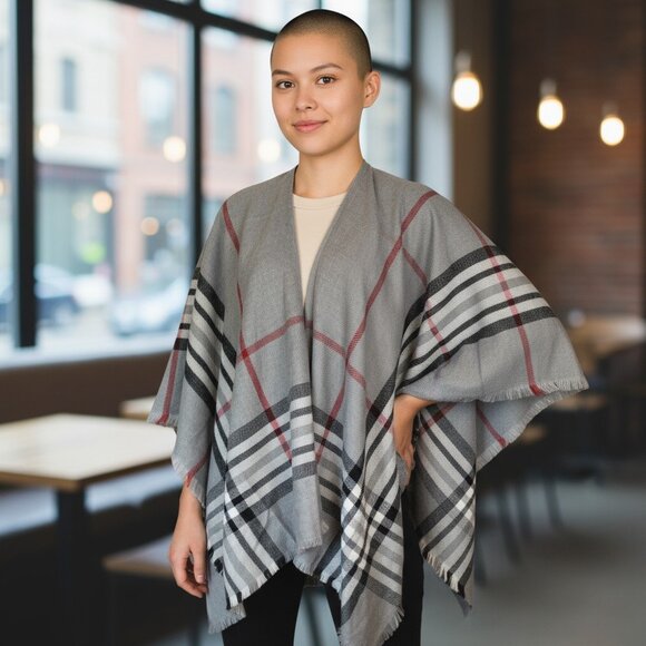 Women's V. FRAAS Plaid Ruana Open Poncho Wrap One Size - Picture 1 of 9